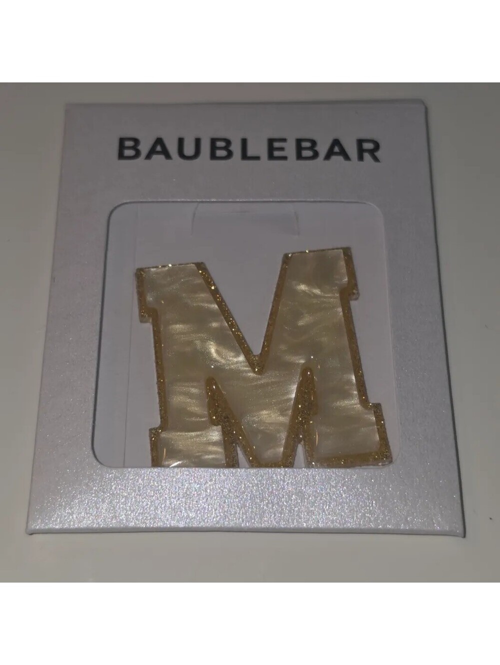 BAUBLEBAR MOTHER OF PEARL GOLD GLITTER LETTER M BAG CHARM STICKER NIP